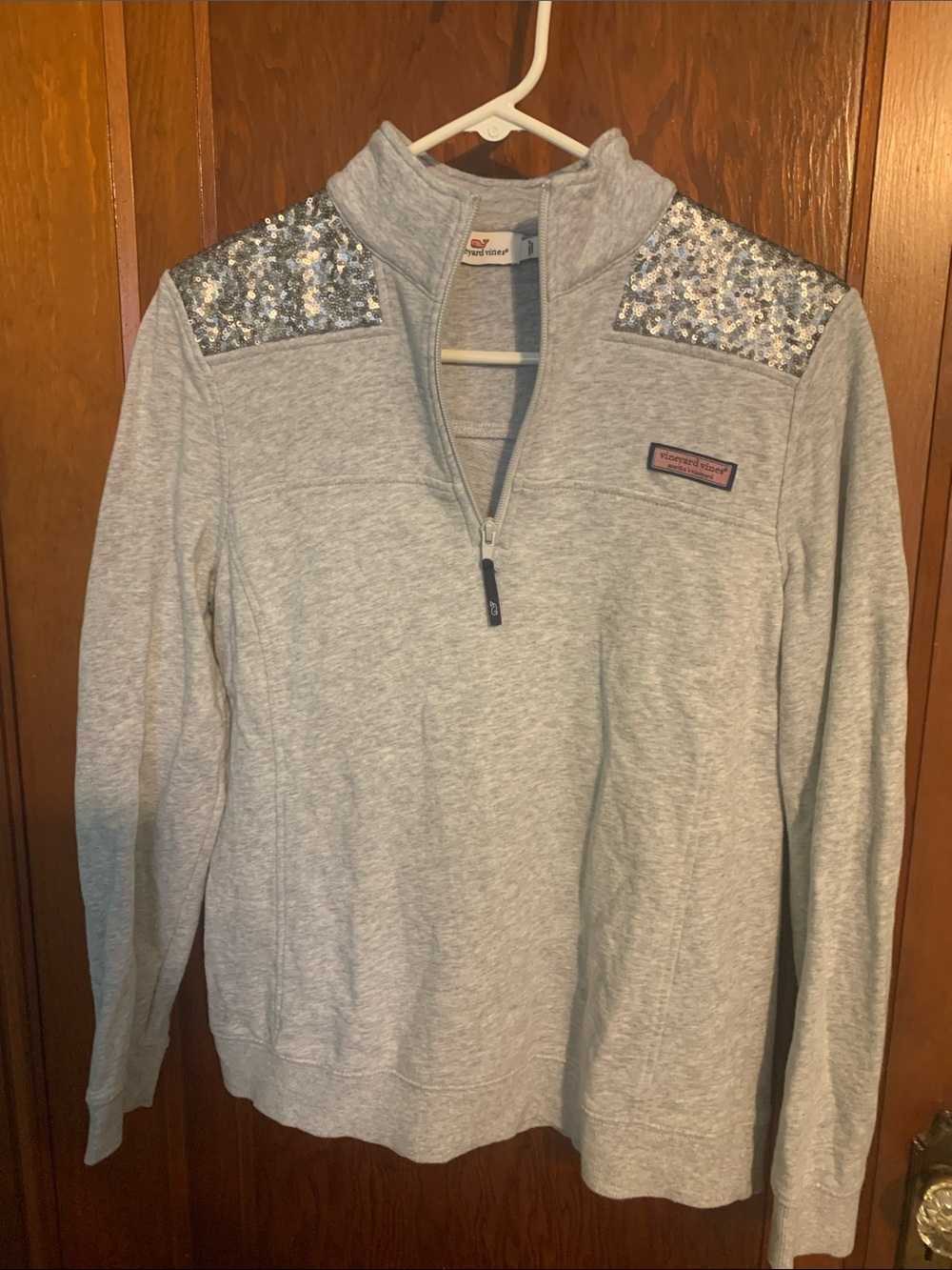 Vineyard Vines Gray Quarter-Zip Pullover with Silver Sequin Shoulders